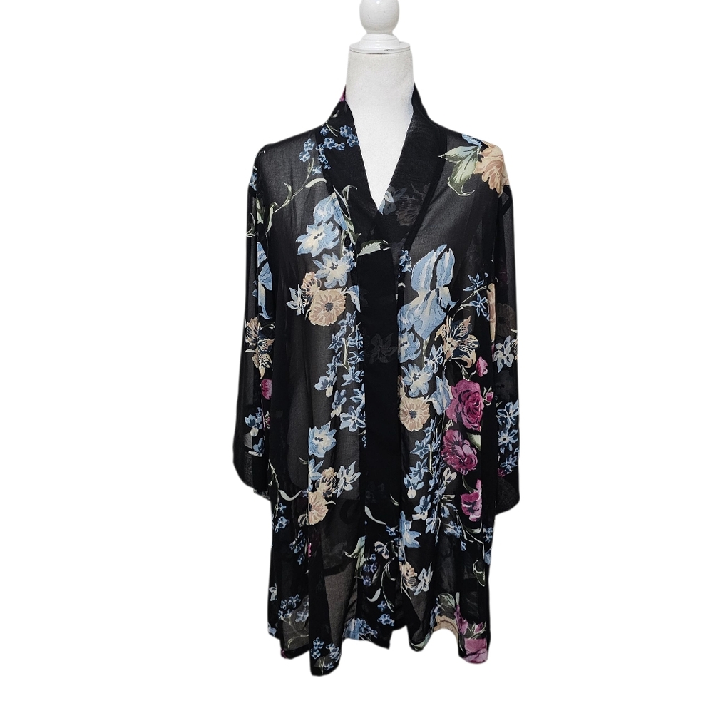helena Quinn Georgette Kimono Coverup Sheer Black Floral One Size Fits All
